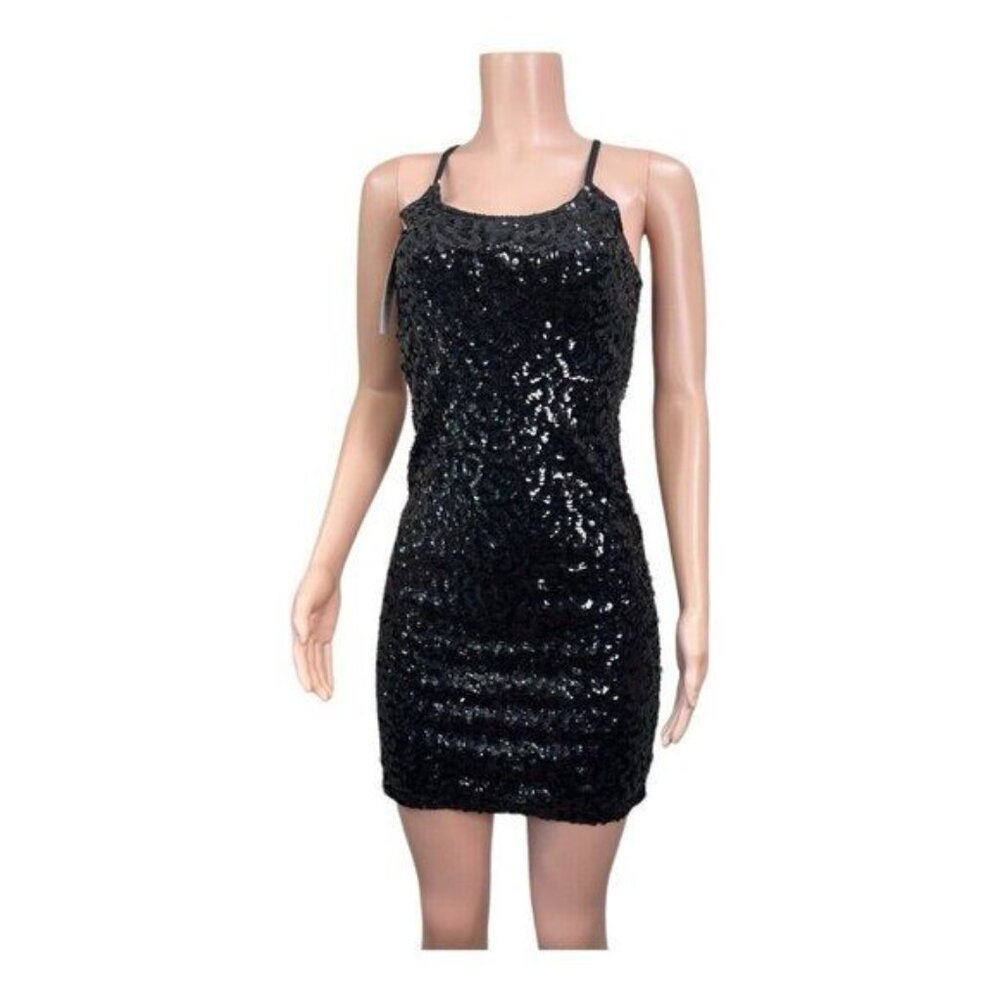Black Sequin Mini Bodycon Dress With Adjustable Spaghetti Straps - Picture 2 of 13